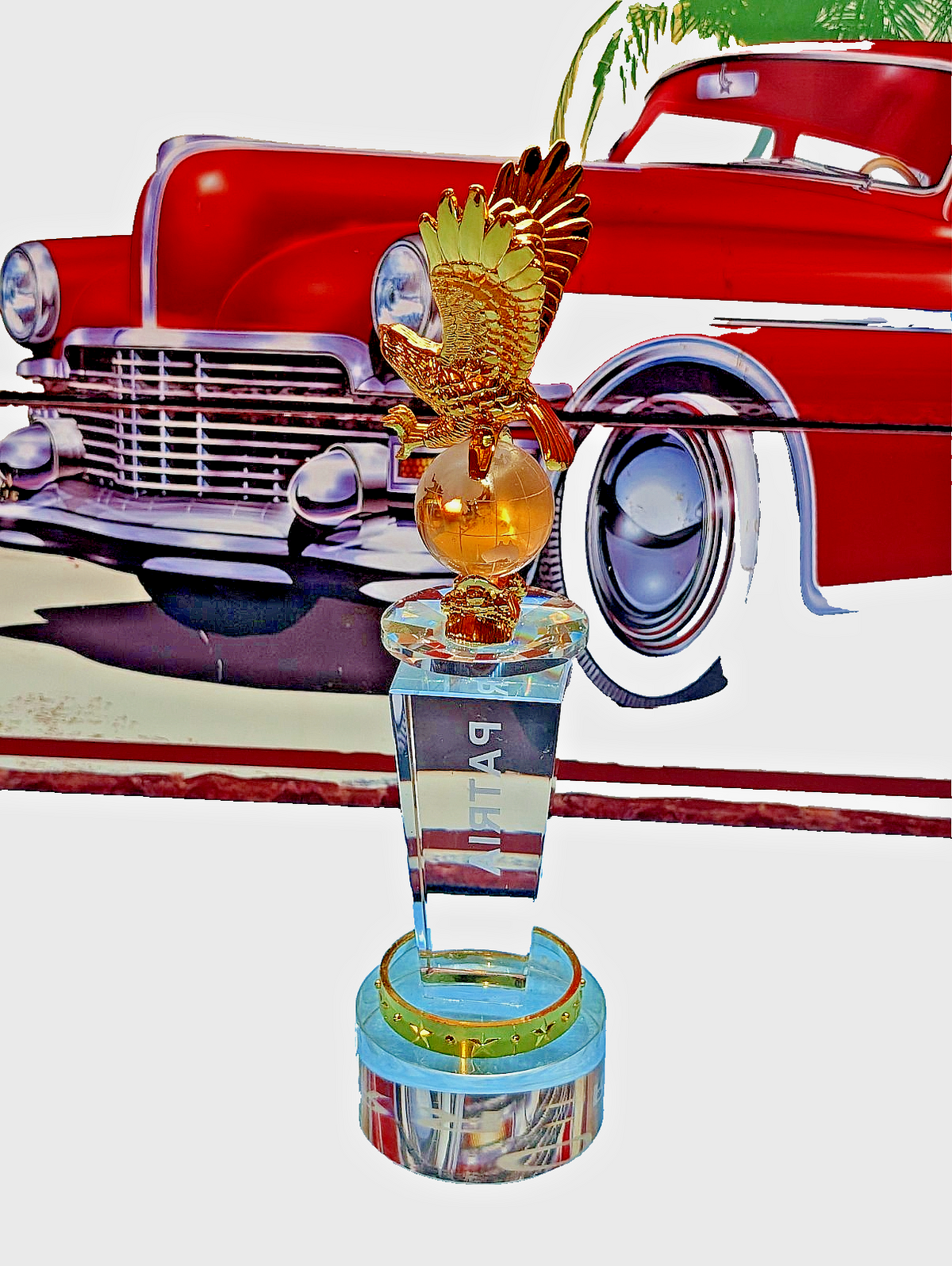 KRISTALL USZEICHNUNG AMERIKANISCHER ADLER MIT SOCKELGLAS UND BRONZE