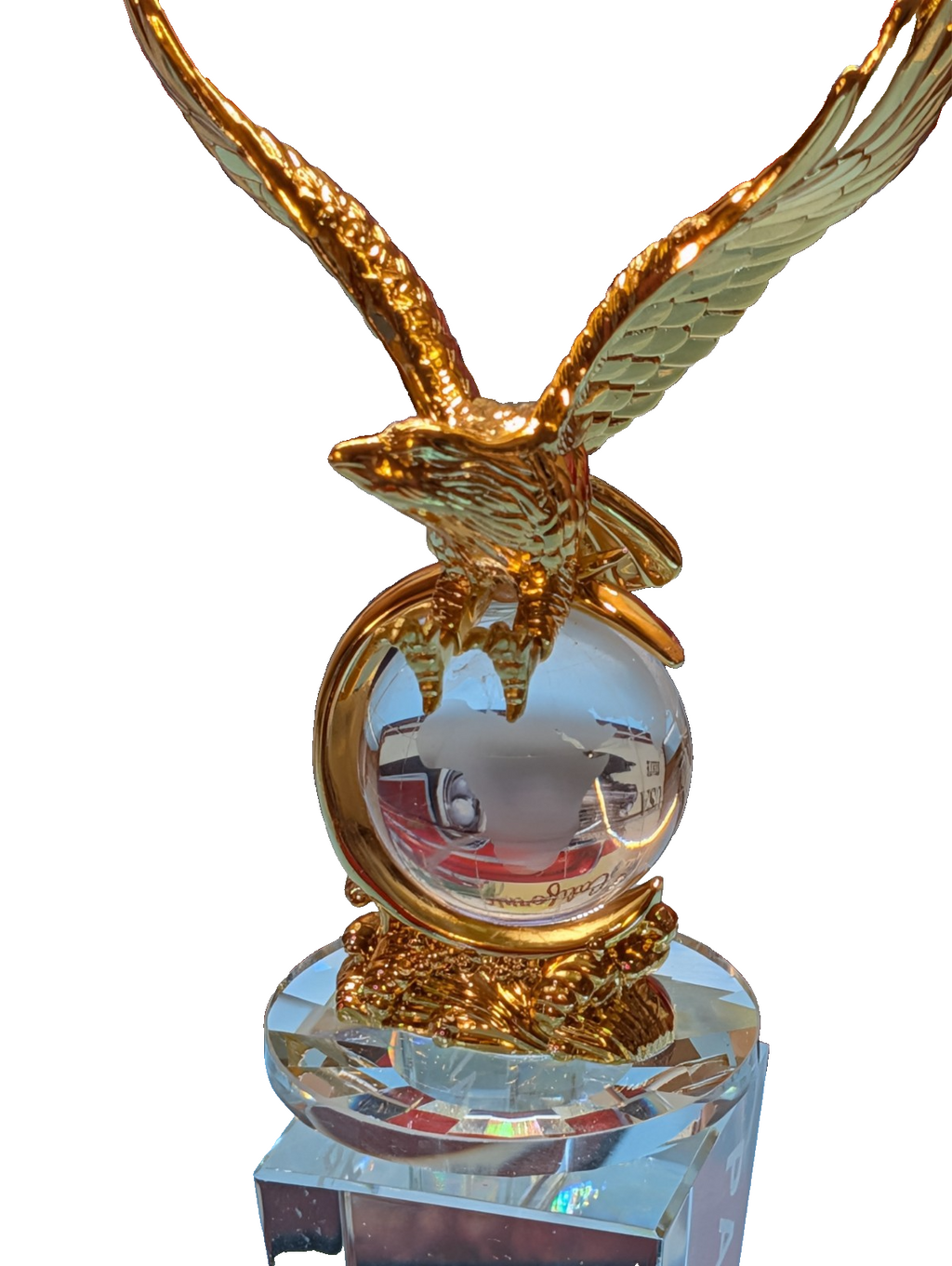 KRISTALL USZEICHNUNG AMERIKANISCHER ADLER MIT SOCKELGLAS UND BRONZE