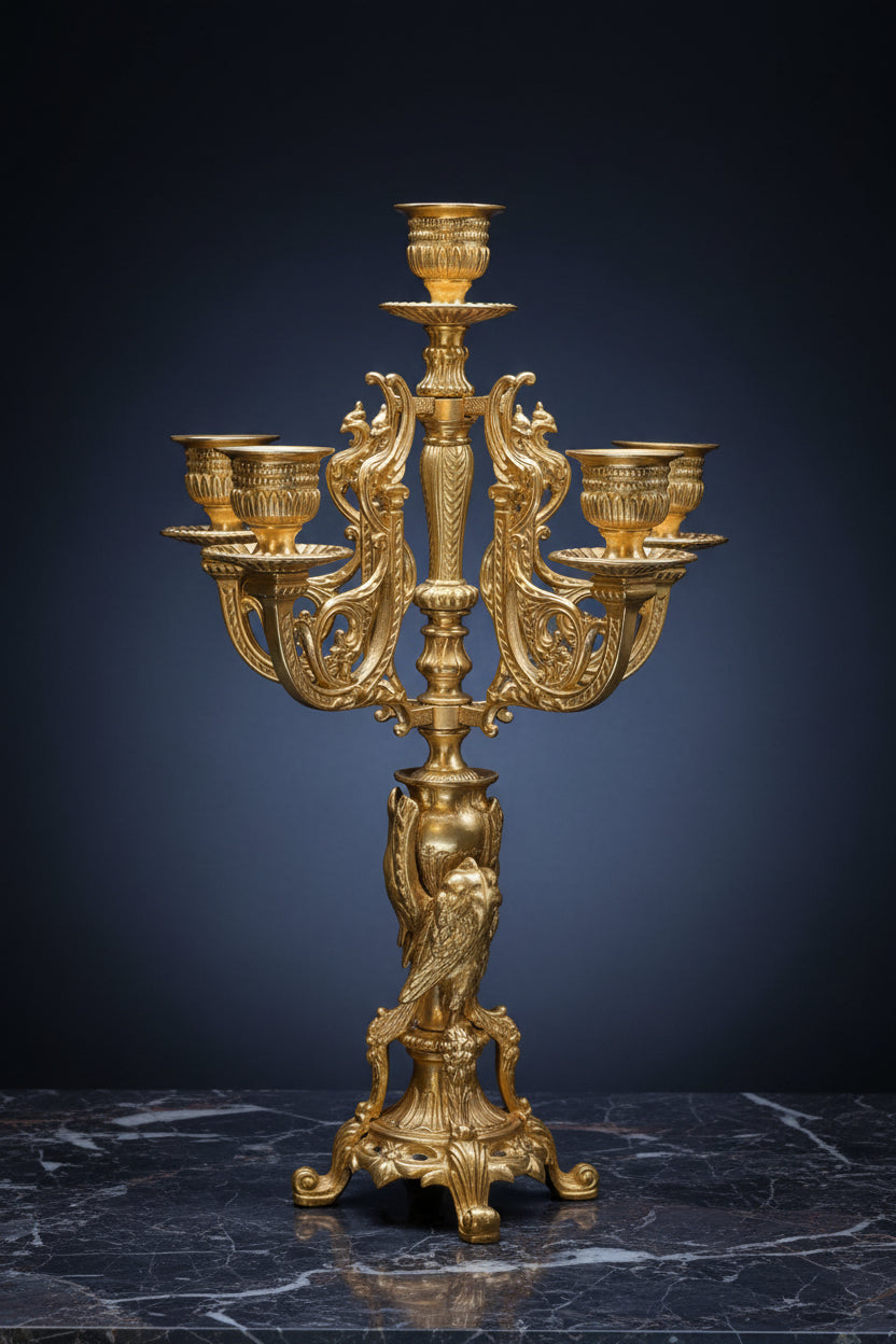 Antike Barock-Kandelaber Kerzenständer – Vergoldete Bronze mit Putten, 2er Set, 64 cm