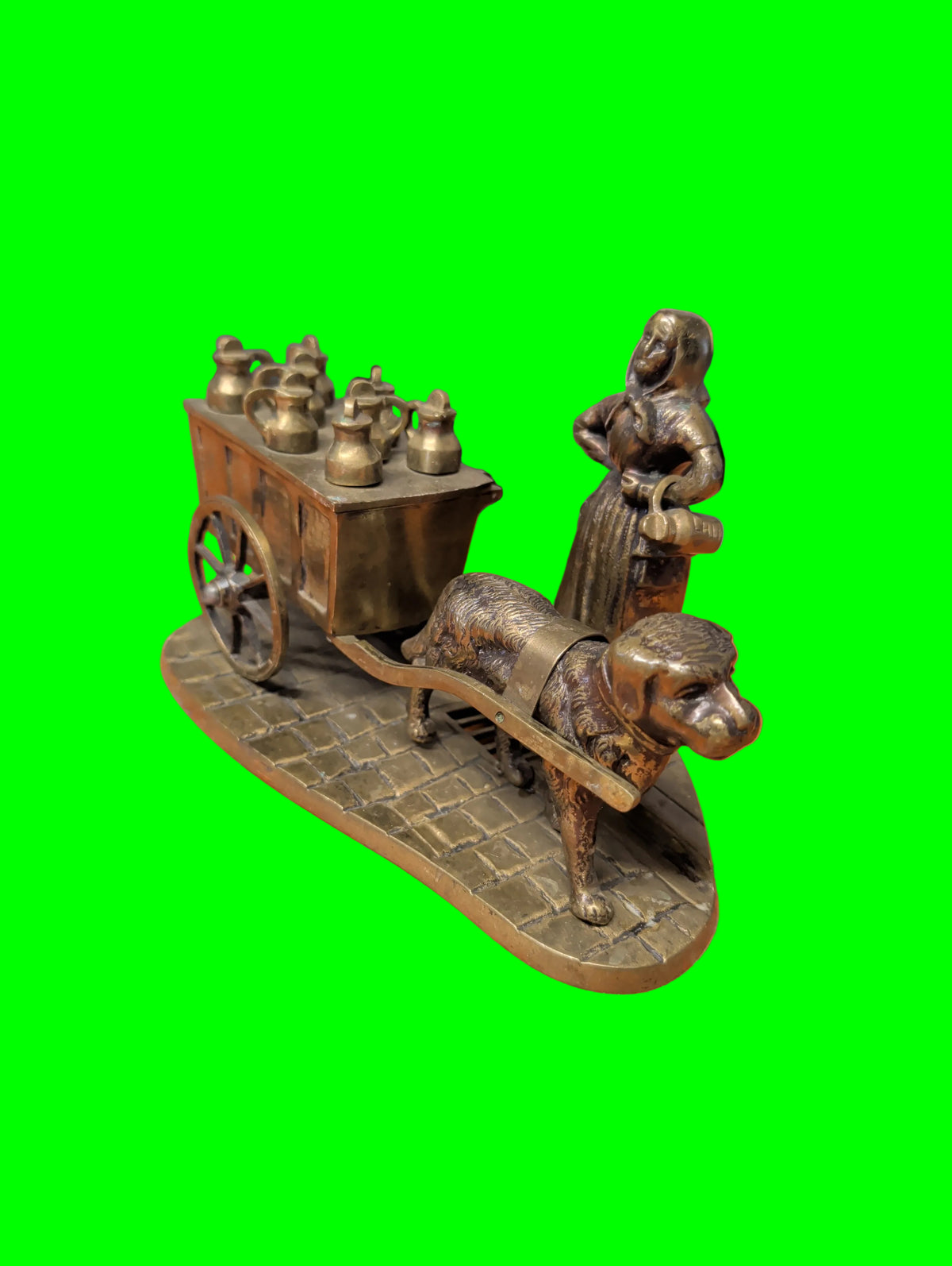 Antike Bronze Figur – Melkerin mit Hund & Wagen mit Geheimfach – 26 cm