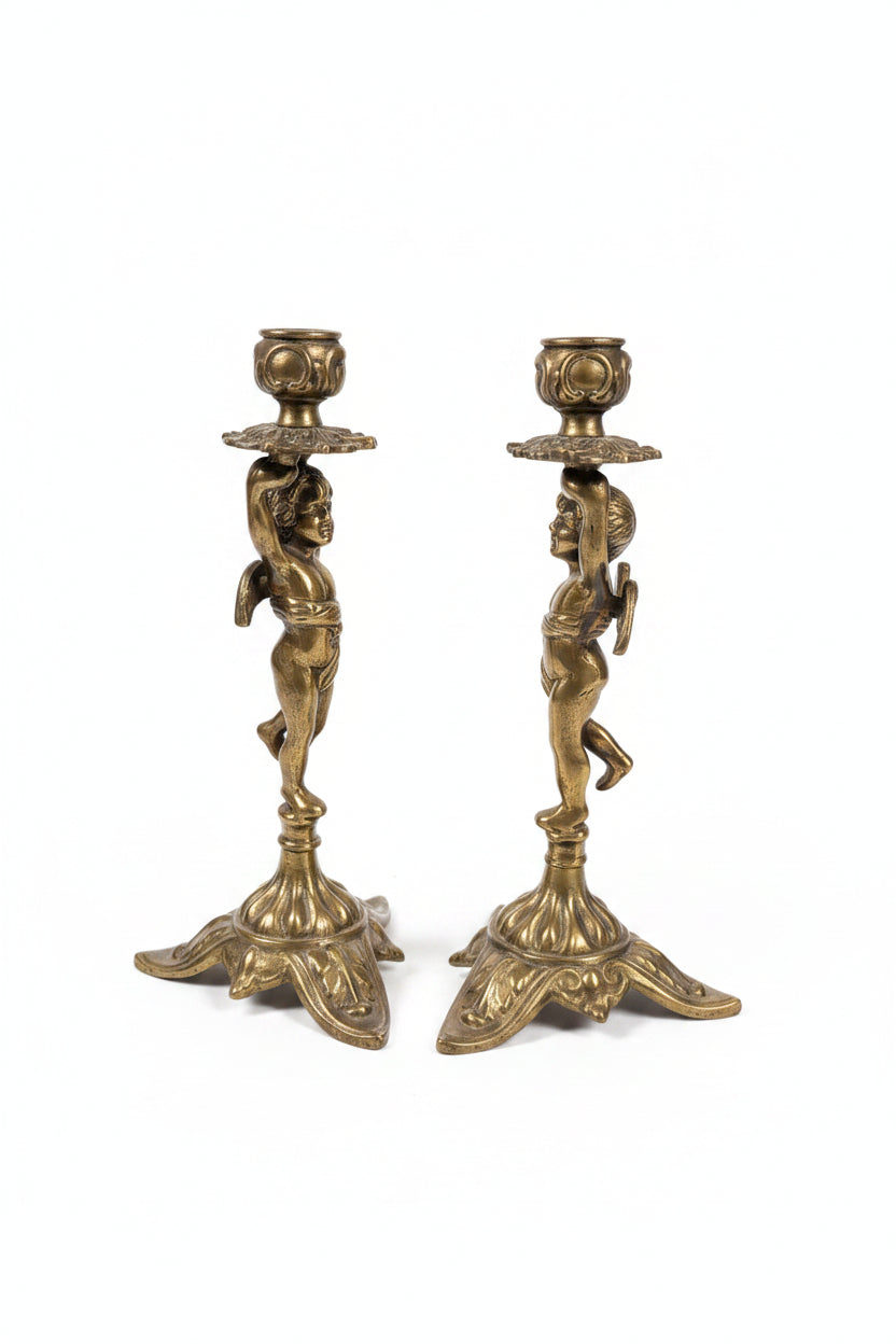 Antikes Paar Bronze Kerzenhalter – Junge Engel – Höhe 25 cm