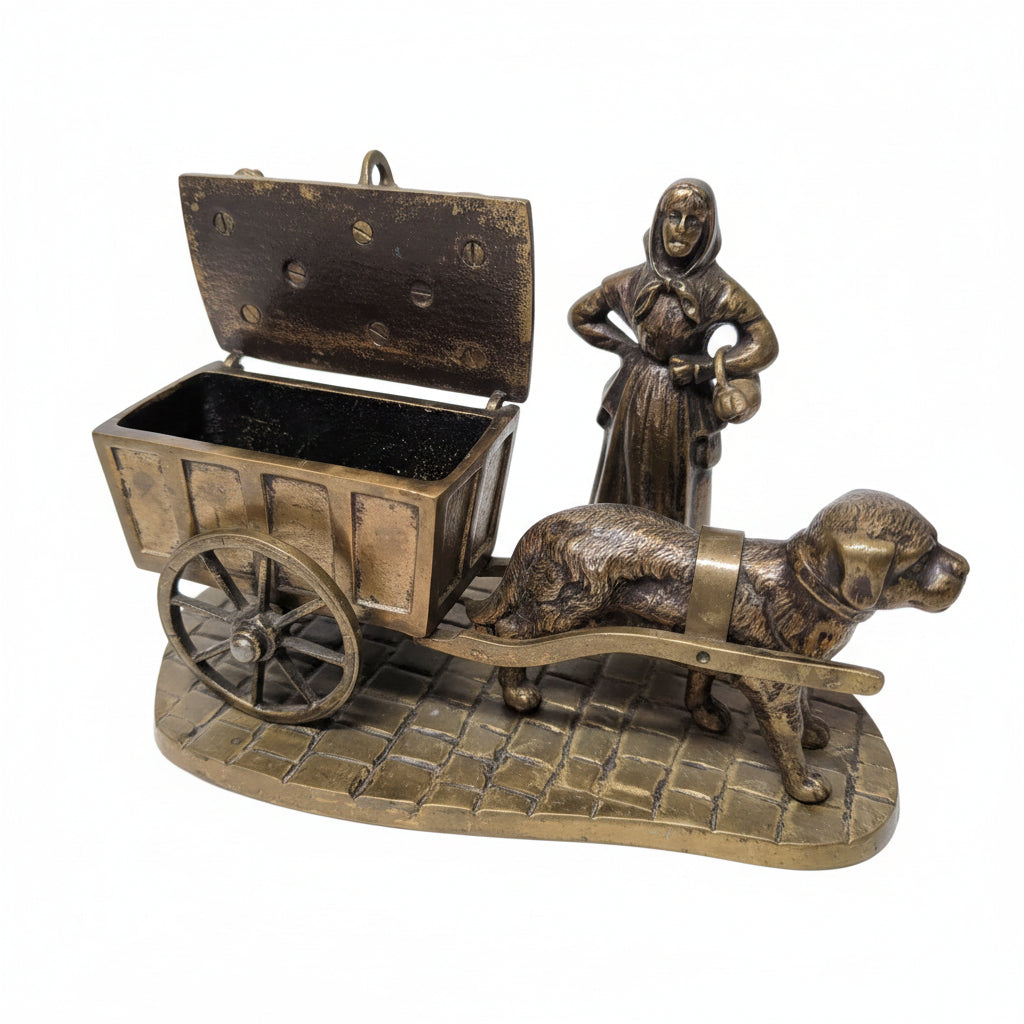 Antike Bronze Figur – Melkerin mit Hund & Wagen mit Geheimfach – 26 cm