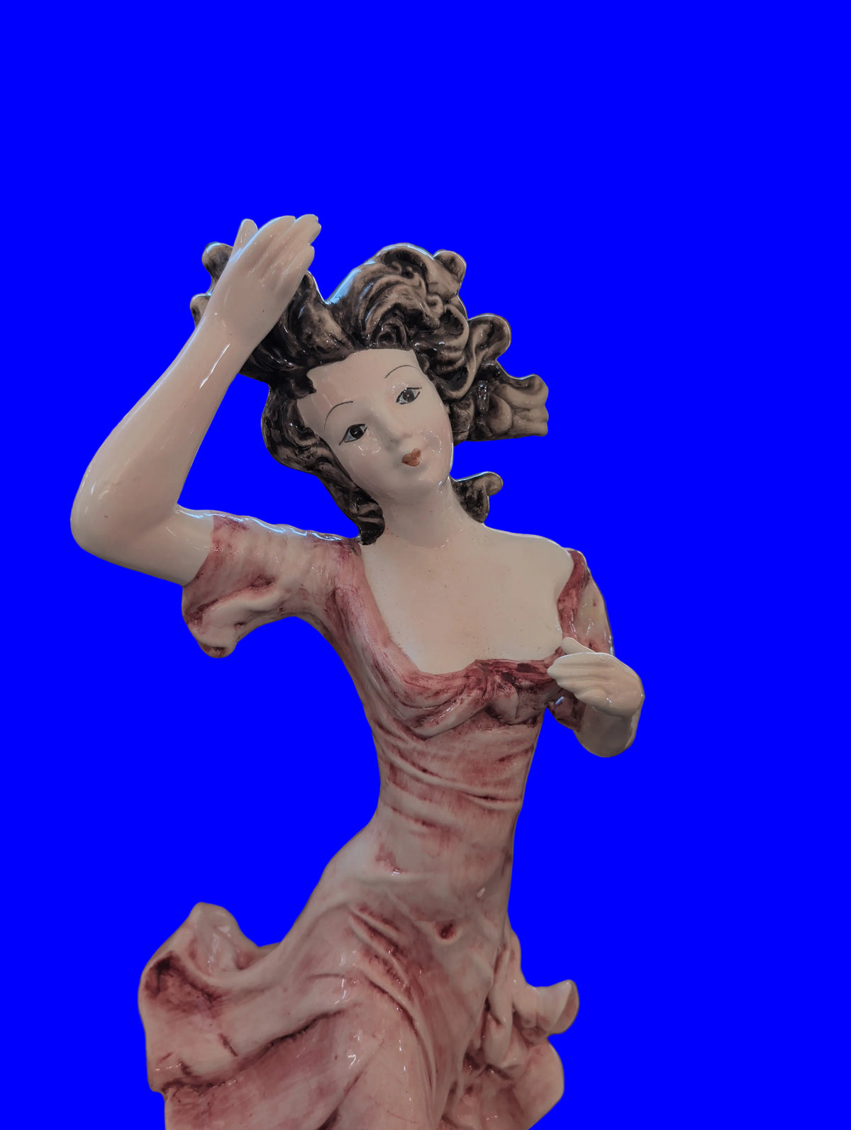 Antike Keramikfigur Dame im rosa Kleid – Handgemalt, Italien, 88 cm