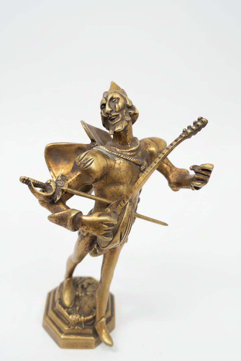 Antike Bronze Figur Teufel / Mephisto mit Laute – Signiert A. De Wever – 28 cm