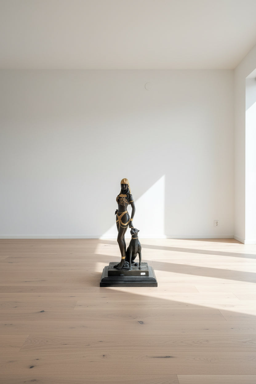 Kleopatra mit Panther – Grosse Goldfarbige Figur, Liebhaberstück