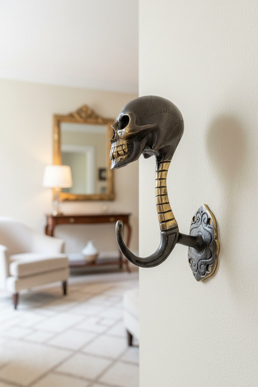 Vintage Skull Kleiderhaken mit Bronzekopf – Dekorativer Tuchhalter, Höhe 23 cm