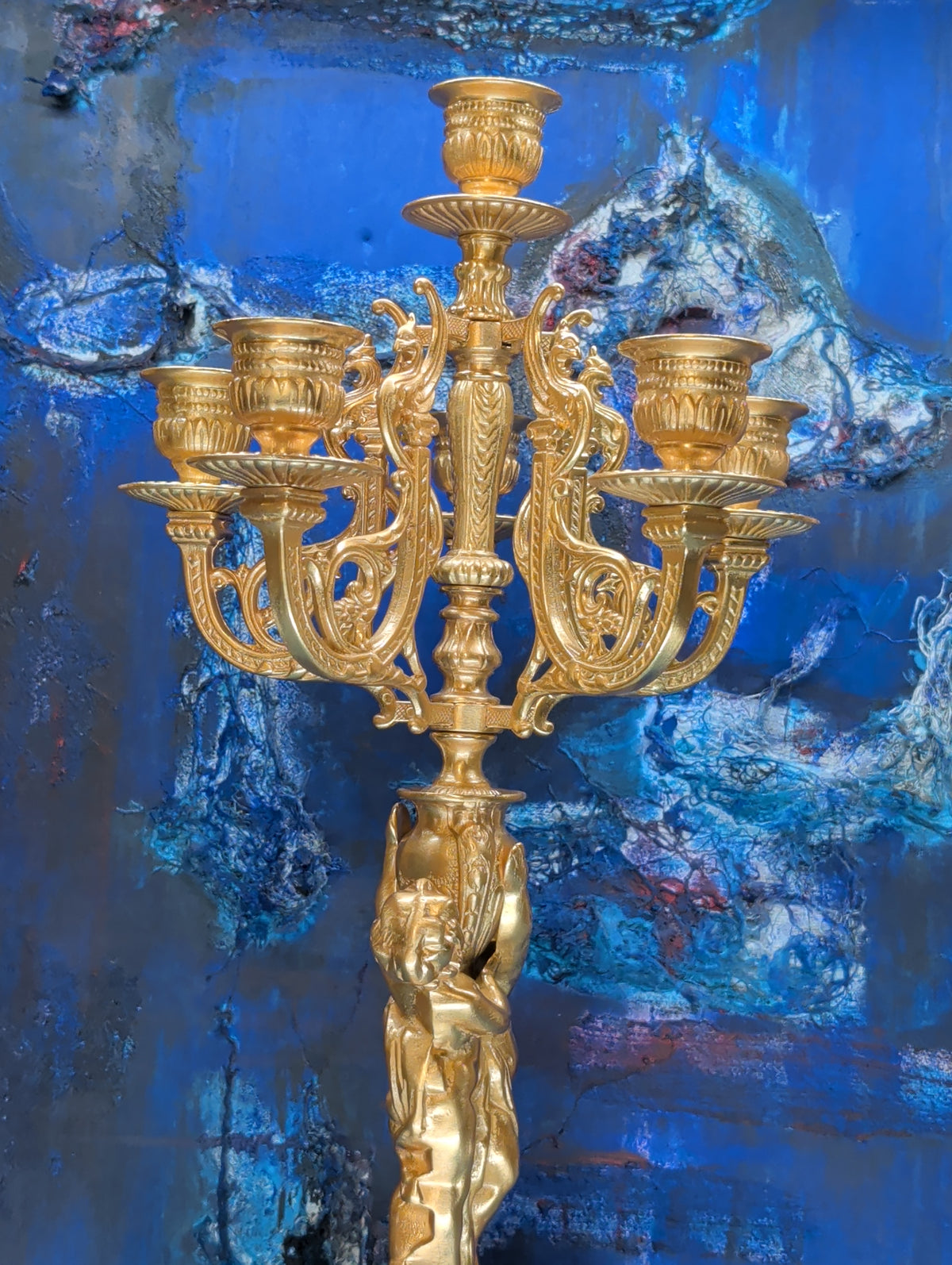 Antike Barock-Kandelaber Kerzenständer – Vergoldete Bronze mit Putten, 2er Set, 64 cm