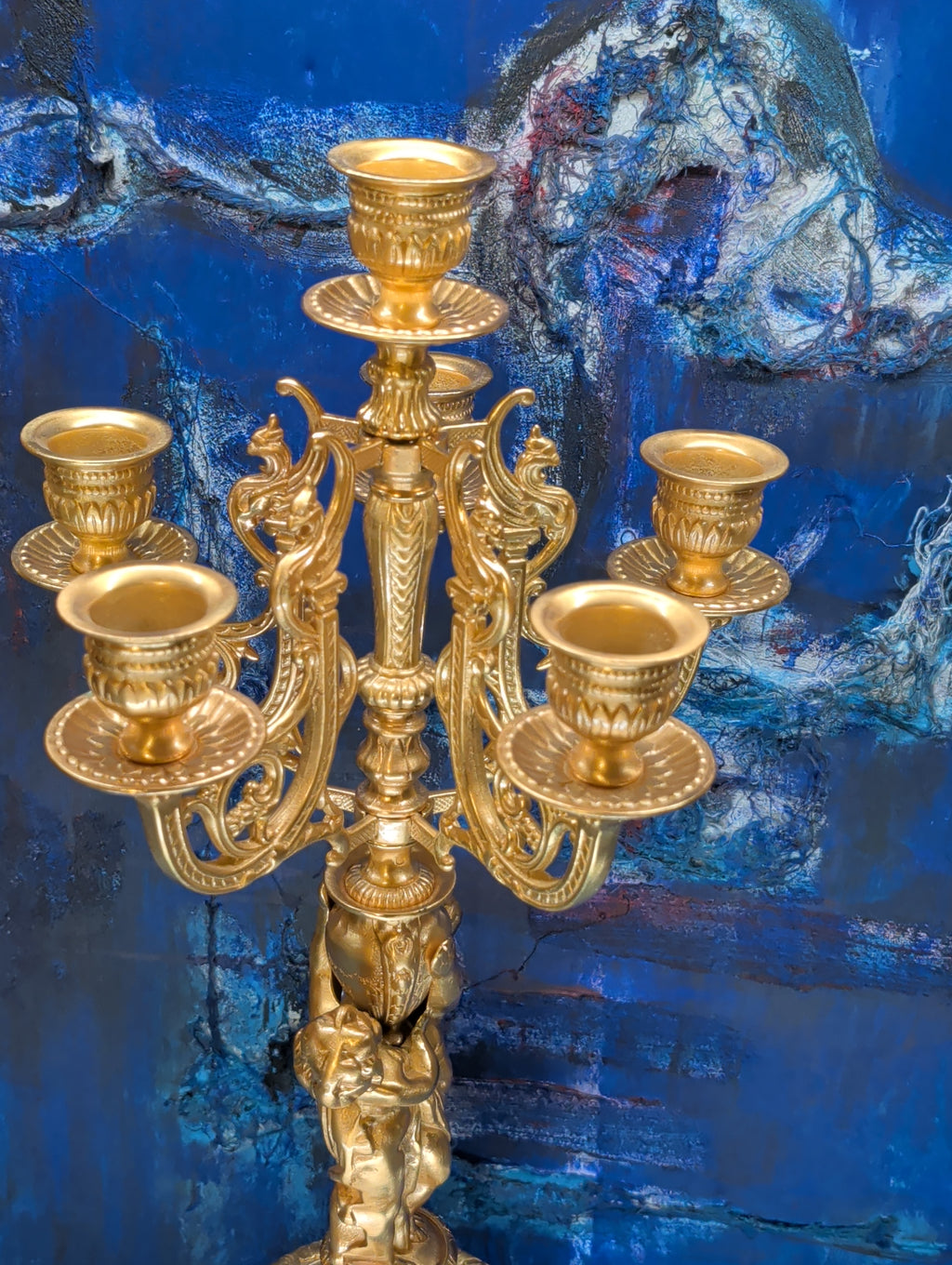 Antike Barock-Kandelaber Kerzenständer – Vergoldete Bronze mit Putten, 2er Set, 64 cm