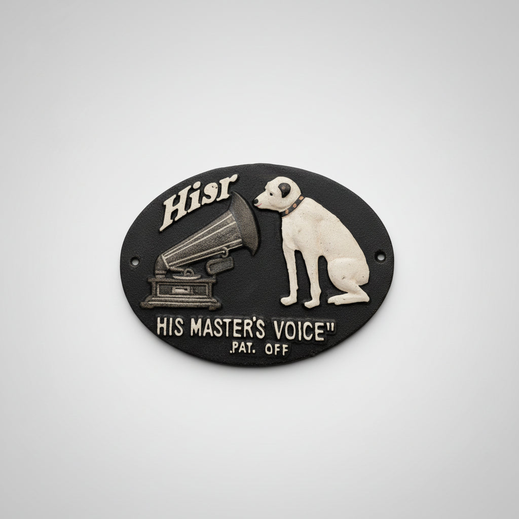 Gusseisen Werbeschild „His Master’s Voice“ – Victor / Nipper, 30 x 18 cm
