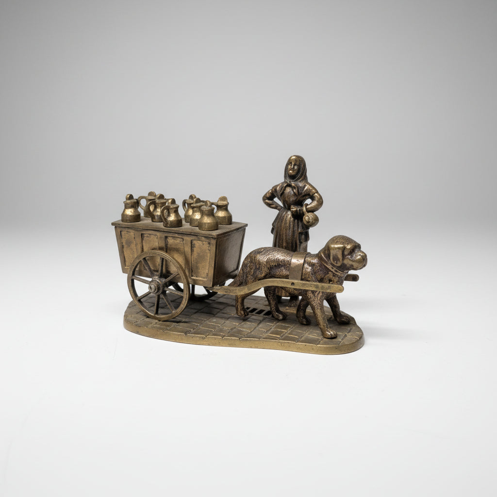 Antike Bronze Figur – Melkerin mit Hund & Wagen mit Geheimfach – 26 cm