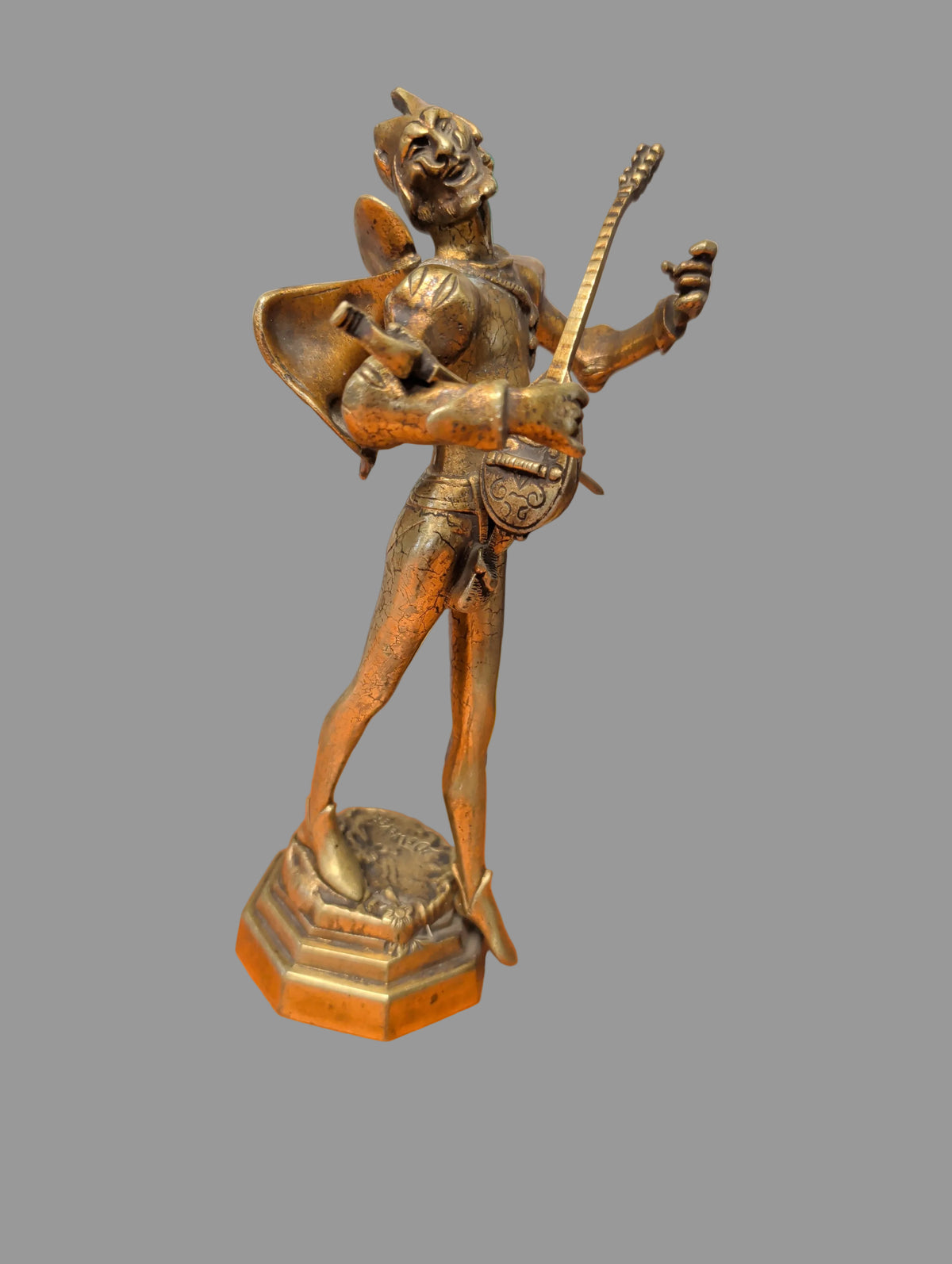 Antike Bronze Figur Teufel / Mephisto mit Laute – Signiert A. De Wever – 28 cm