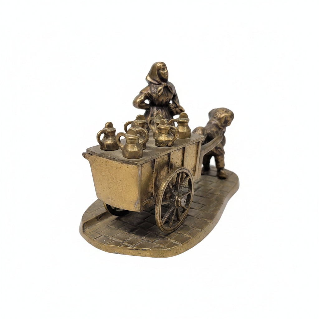 Antike Bronze Figur – Melkerin mit Hund & Wagen mit Geheimfach – 26 cm
