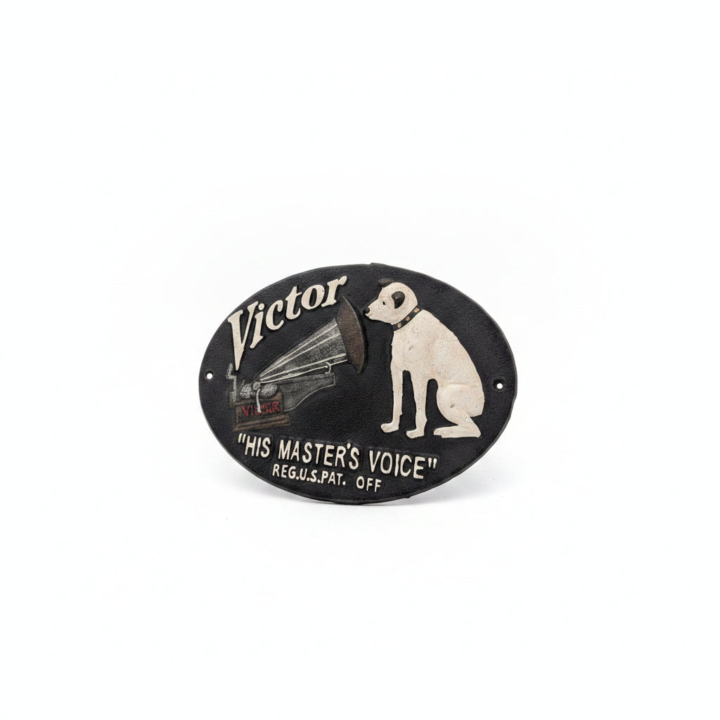 Gusseisen Werbeschild „His Master’s Voice“ – Victor / Nipper, 30 x 18 cm