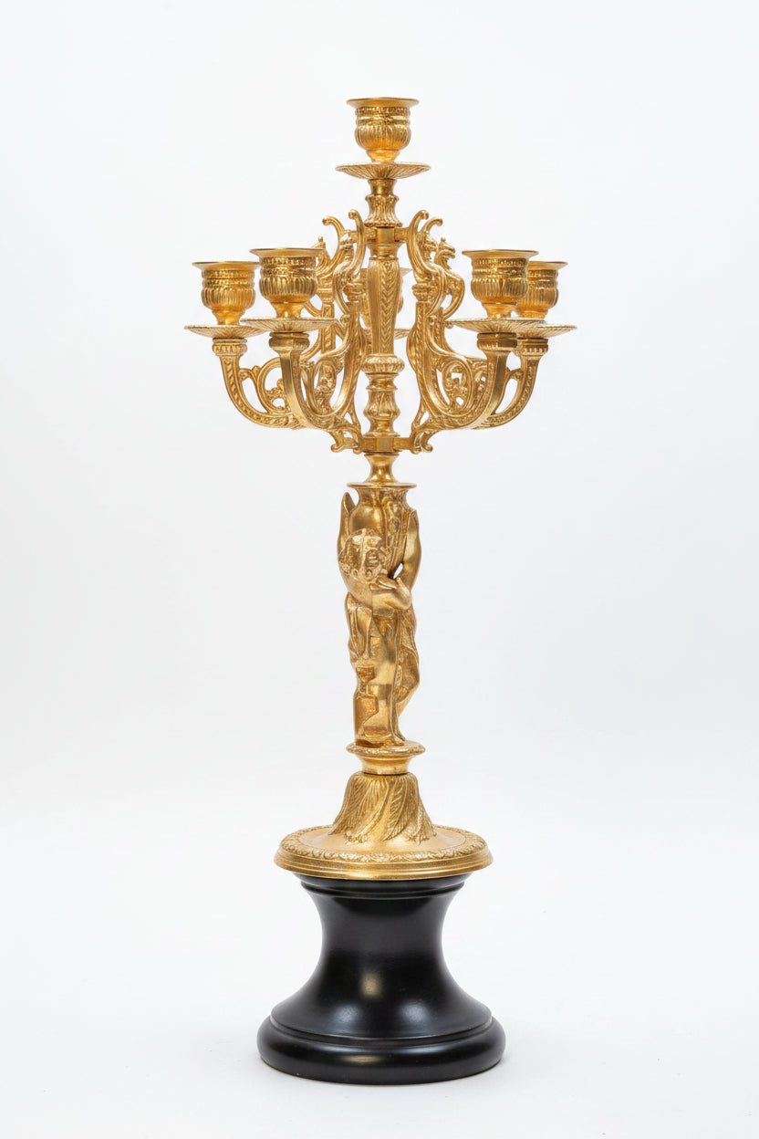 Antike Barock-Kandelaber Kerzenständer – Vergoldete Bronze mit Putten, 2er Set, 64 cm