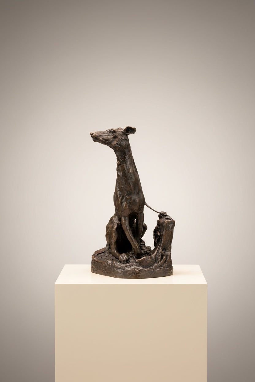 Moderne Bronzefigur Windhund auf Marmorsockel – Sammler Stück