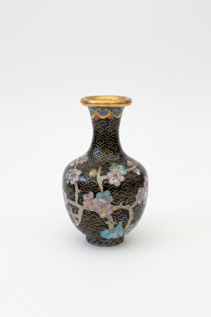 Cloisonné Vase Gold Schwarz 12 cm – Antike Emaillearbeit