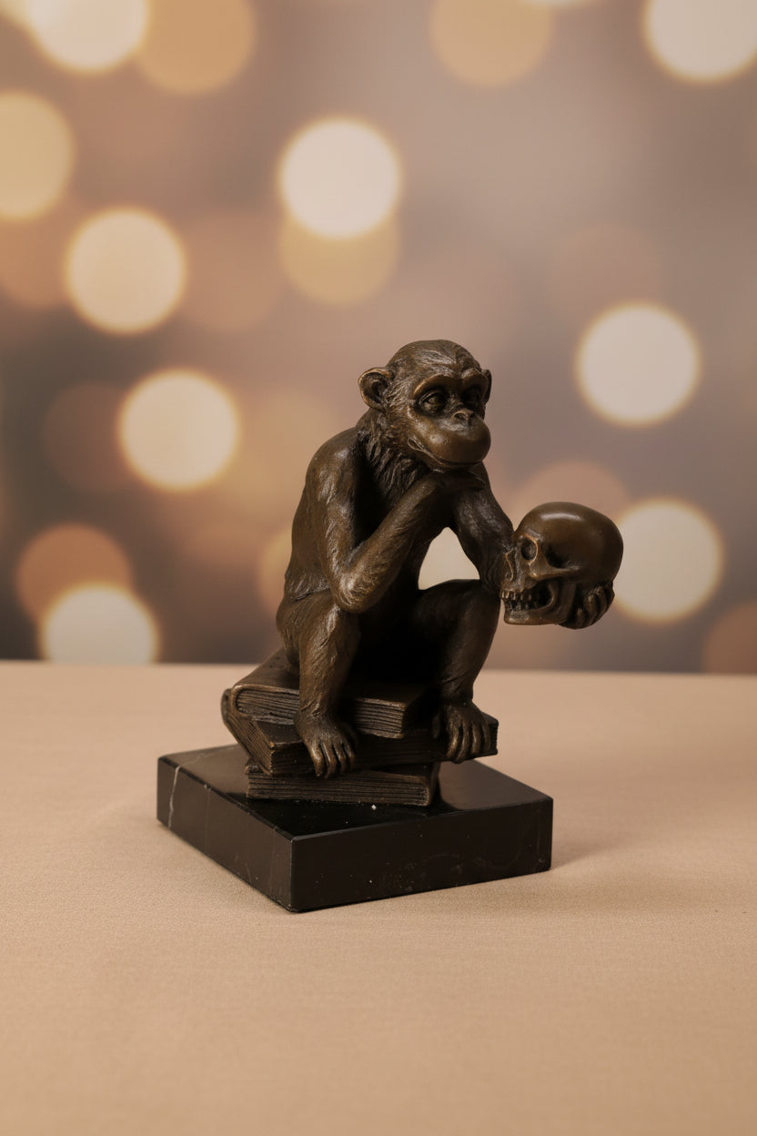 Moderne Bronzefigur Nachdenkender Affe mit Schädel – Signiert, 100% Bronze, 15 cm