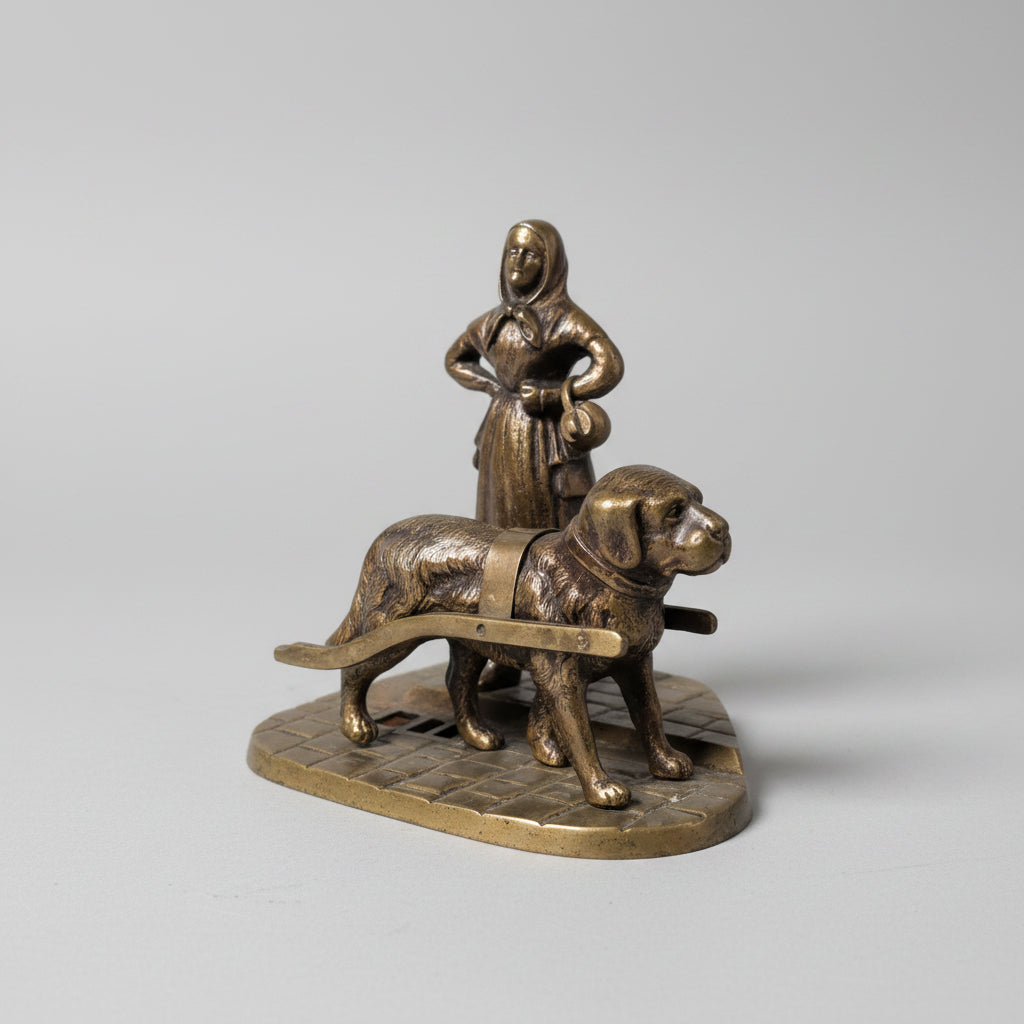 Antike Bronze Figur – Melkerin mit Hund & Wagen mit Geheimfach – 26 cm