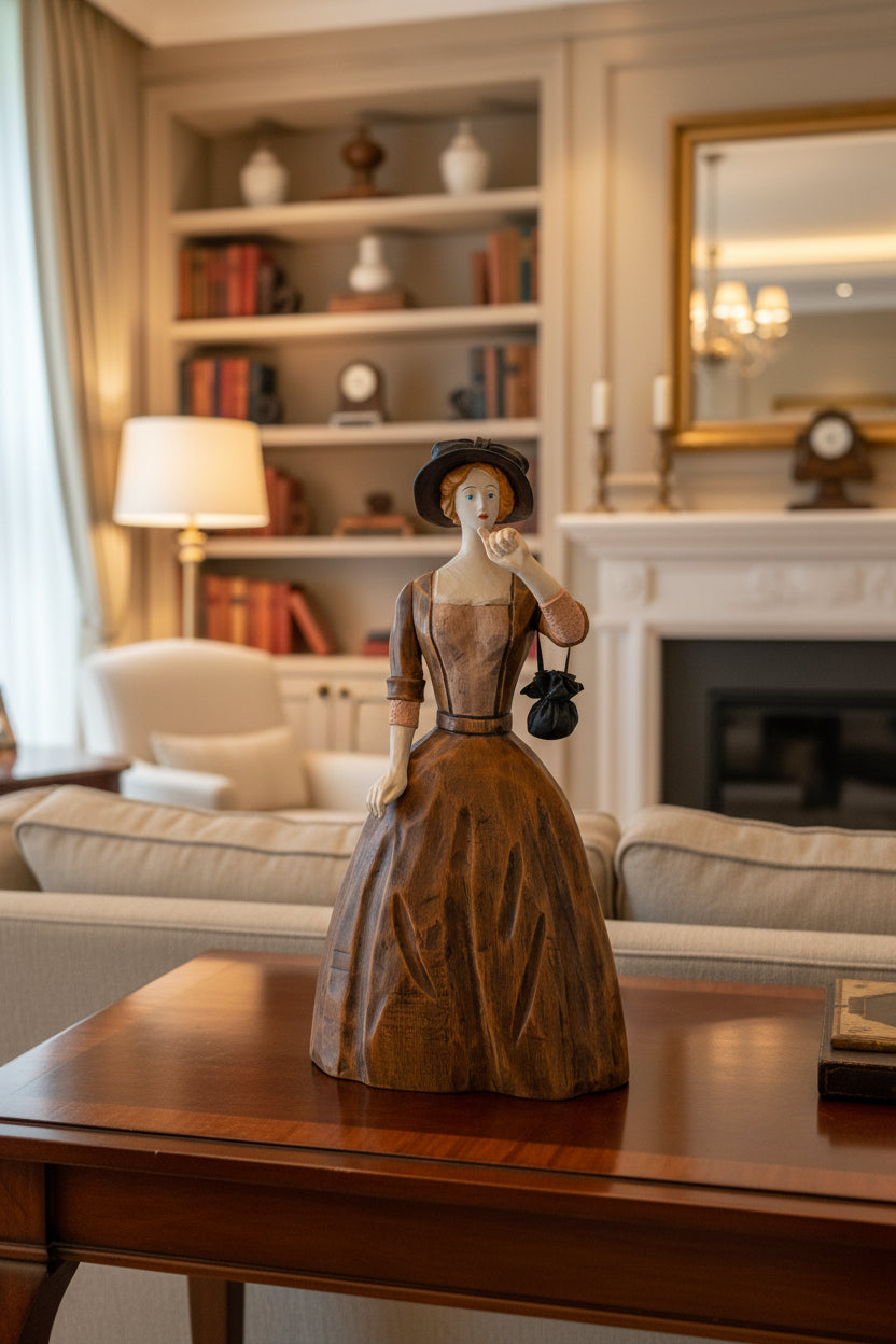 Moderne Lady Holzfigur mit Schirm und Tasche – Deko Liebhaberstück