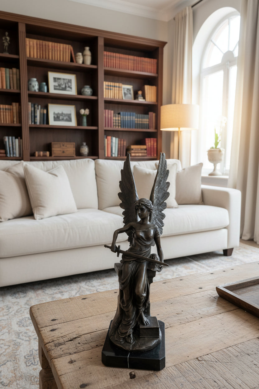 Bronzeskulptur Geflügelte Römische Göttin auf Marmorsockel – Signiert, 55 cm, 9 kg