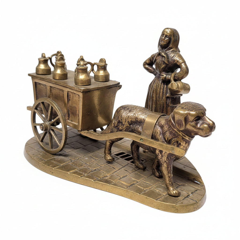 Antike Bronze Figur – Melkerin mit Hund & Wagen mit Geheimfach – 26 cm