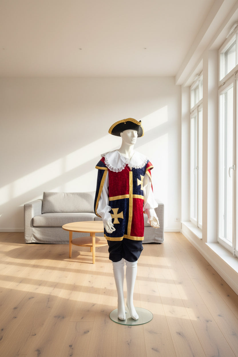 Historisches Musketier-Kostüm in Blau und Rot mit Goldborte