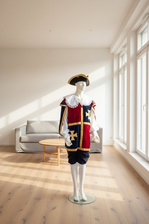 Historisches Musketier-Kostüm in Blau und Rot mit Goldborte